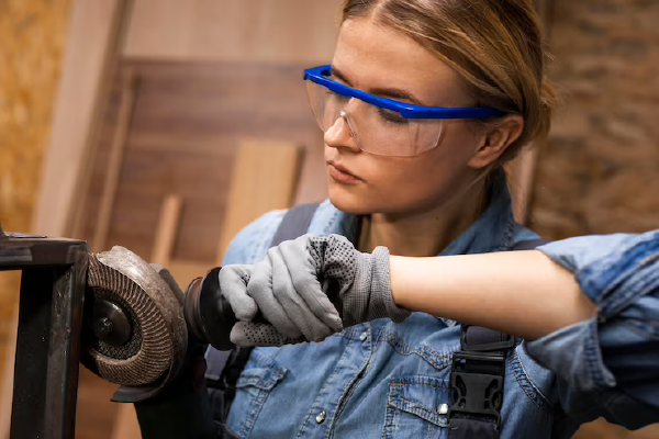 Photo of a woman using an angle grinder in a shop.
