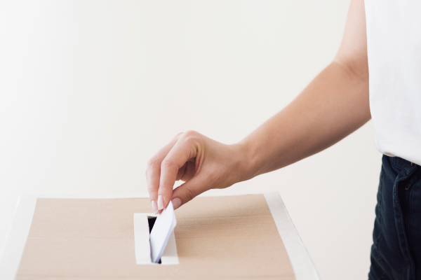 A photo of a person's hand dropping a ballot into a box.