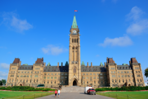 A photo of the Peace Tower on Parliament Hill in Ottawa.